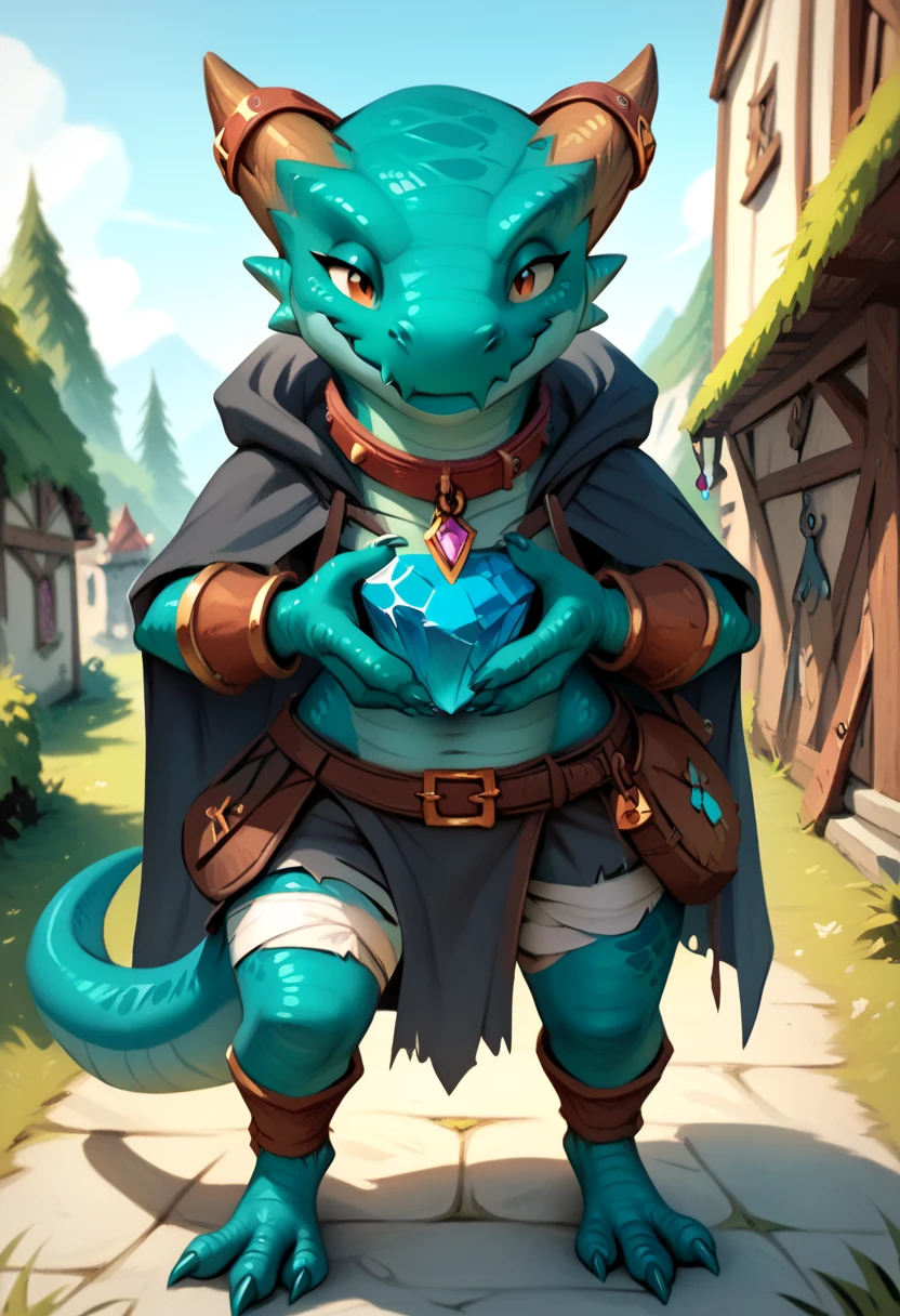  solo female, bright teal skin, teal scales, wearing a cloak with a hood, gem on the collar, bandaged thighs and bandaged chest, teal kobold tail, front view, looking at the observer with a smug smile, perspective, nsfw, e621