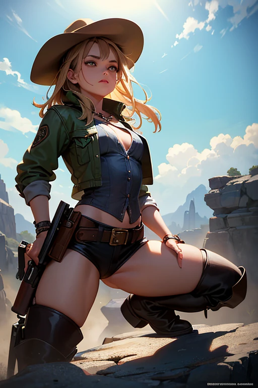 NSFW, 1girl, blonde hair, curly hair, cowboy hat, cropped jacket, leather, brown jacket, cleavage, navel, bare legs, naked, bottomless, knee up, whip, desert, mountain, thigh highs, lace trim, skindentation, sheriff badge, revolver, hand on hip, long hair, shiny skin,, masterpiece, best quality, highly detailed