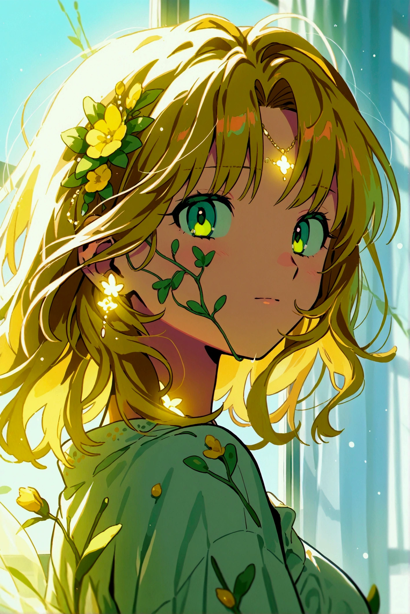 1girl,   golden hair, medium hair,green eye,     
 1girl, twisted torso, head tilt, white dress, long sleeves,  flowers are scattered on the bed), window,    
((menma \(enaic31\):1.05), (yoyokkun:0.8)), depth of field, masterpiece, best quality, very aesthetic, scenery, newest, 