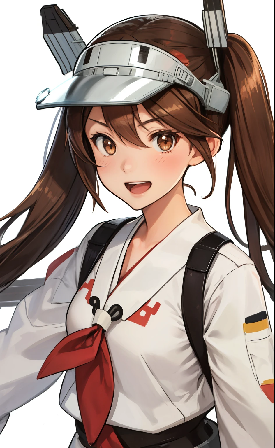 masterpiece, best quality,1girl,ultra detail, ryuujou_kantaicollection <lora:ryuujou_kantaicollection:0.7>salute,1940age officer room,desk,standing,evil smile,from above,teeth,brown_hair, twintails, brown_eyes, magatama, visor_cap, kariginu,