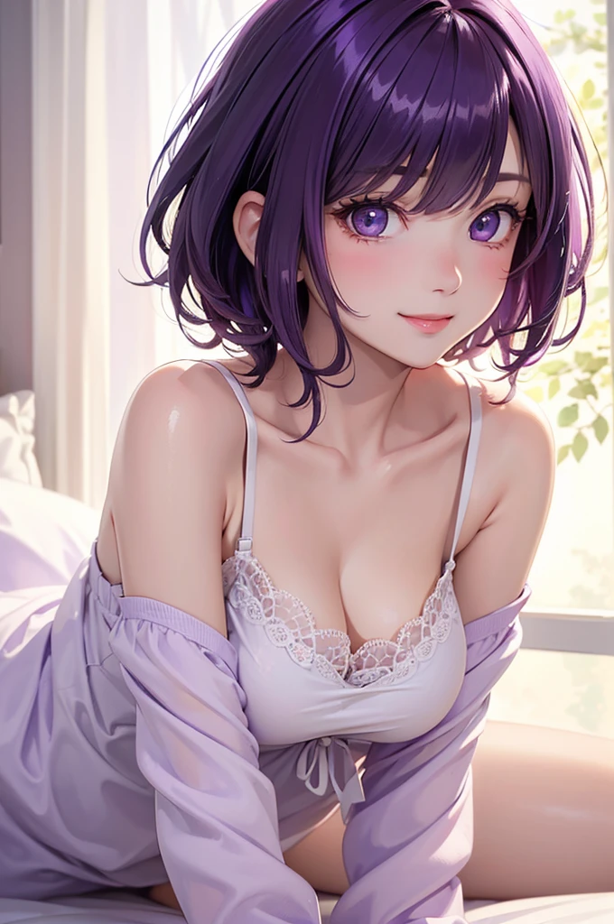 (Best Quality,High resolution,8K,finelity detailed background,Masterpiece:1.2),beautiful girl,Shiny purple hair,messy hair,Purple Eyes,Gentle look,A refreshing look,Best quality,Best Quality,Aesthetic and aesthetic:1.2,Best details((Super detailed))(High-definition CG illustrations),Glamorous grey underwear (gray,intricate lace),Slender body,Daytime,Sunshine,Bedroom,On the bed,smile,blush,cute,Scrounge,Looking up,Being spoiled,super model,wariza,shoot from above