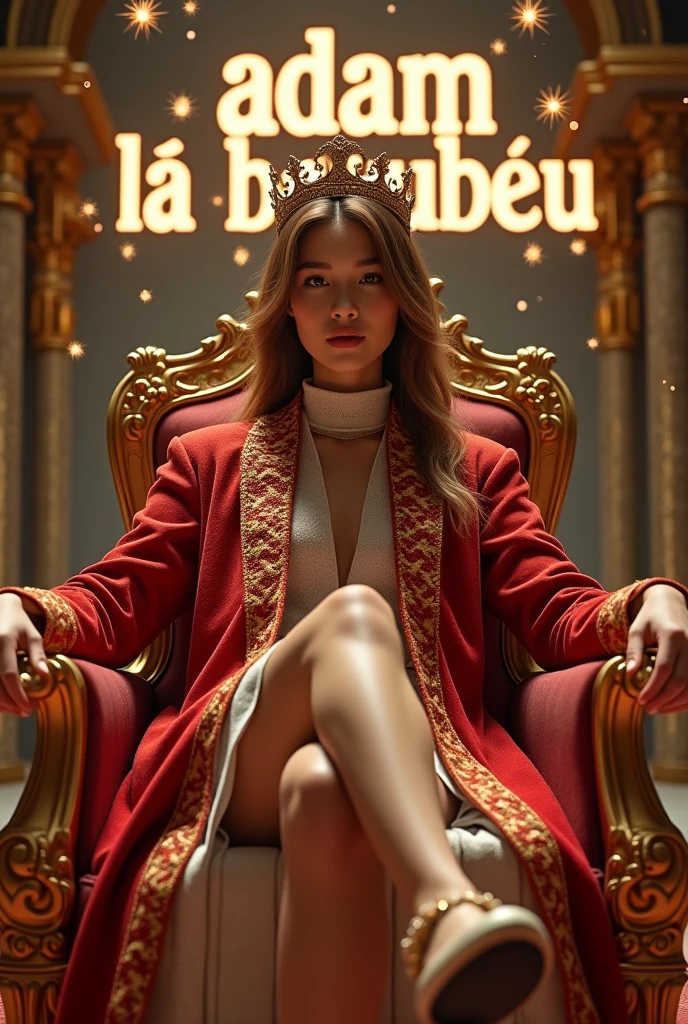 Create a realistic image where a woman wearing white luxury suit and sitting on king size chair with crown ๐, she's holding a ๐ท wine glass in her hand, there is smoke in background a shadow. In background the name "Bebo" is showing in bold reflection in shadows