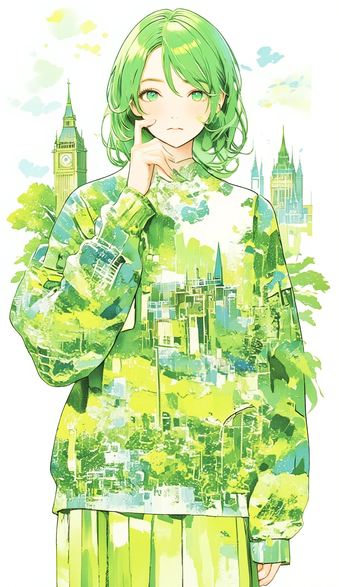 Nature, London, illustration with leaf green as the main color, Graphic, Game change, green, riverside, society, universe, collage illustration, lady, city, cute, beautiful, ivy green illustration, citron green illustration, emerald green illustration, Edinburgh, muffin