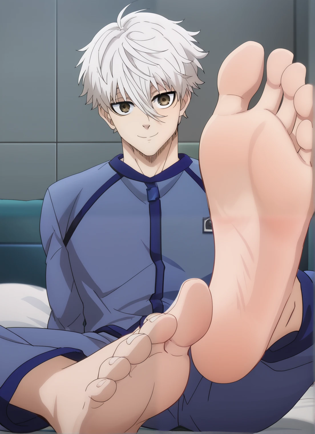 Score_9, score_8_up, source_anime, 1boy, Blue Lock, Nagi, big eyes, alone, looking at viewer, in his bedroom, metallic wall all around in the room, Dark green-colored floor, dark blue pajamas, white hair, lying on the bed with his back against the mattress, lifting legs to show his soles, cowboy shot, ANIME SCREENCAP, anime coloring, barefoot, perfect feet, anatomically correct, soles, focal length 35mm, each foot has five toes, front, symmetrical soles, foot focus, smile