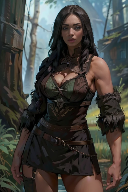 A beautiful brunette barbarian woman with braided hair, standing confidently in a forest. She is photorealistic AKate768. She has an innocent expression with detailed eyes. Her barbarian leather armor features intricate design and adorned with a fur belt and a fur skirt, complemented by leather straps and a sexy leather collar. She also wears a long fur cloak, flowing around her waist, while carrying a giant sword and displaying a striking runic tattoo on her skin. Her thick muscular figure includes a slim waist, wide hips, and big natural breasts, standing tall with an air of strength and elegance and an exposed belly.

The sunlight filters with a soft lighting through the trees, creating a spotlight effect on his face and chest, while the lower body is softly shadowed. The scene is set in a tundra forest, creating a detailed and immersive background. 

Rendered in a (((realistic))), ((fantasy style)) with (((masterpiece))) quality, 8k resolution, ((highest quality)), (((high resolution))), and (((super detailed))) focus, creating a visually stunning image.