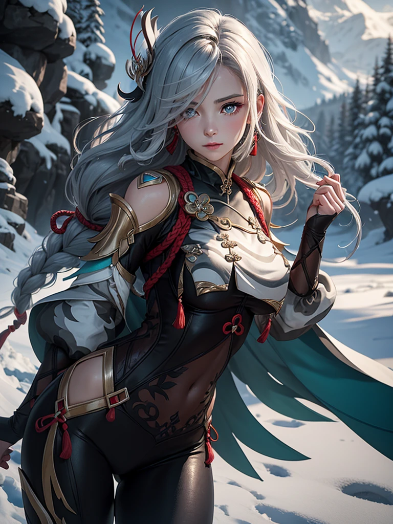 (8k, RAW photo, best quality, masterpiece:1.2), ulra high res, (photorealistic:1.4), 1girl,thighhighs, (Kpop idol),(aegyo sal:1),((puffy eyes)), silver eyes, looking at viewer,(realistic, photo-realistic:1.37),1girl, (cool face:0.6), professional lighting, photon mapping, radiosity, physically-based rendering,shiny hair, long hair,hair_ornament,hair_between_eyes, long_hair,  (silver_hair:1.2),bangs, genshin impact, shenhe \(genshin impact\), Shenhe \(genshin impact\), grass field, mountains background, Shenhe, (half body shot: 1.5), standing, (long spear in hand: 1.5), snow flakes effect, white sparkling effect,