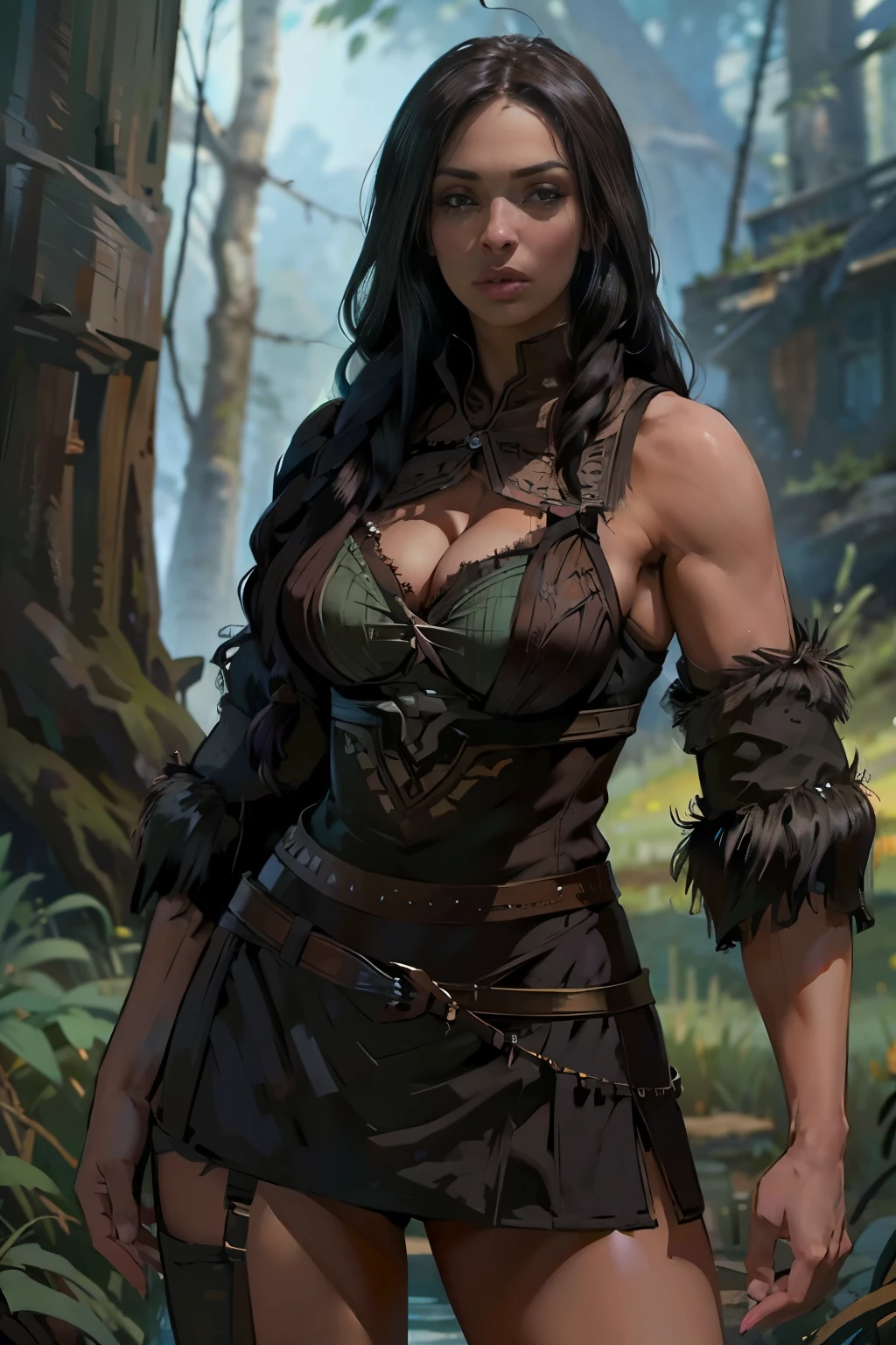 A beautiful brunette barbarian woman with braided hair, standing confidently in a forest. She is photorealistic AKate768. She has an innocent expression with detailed eyes. Her barbarian leather armor features intricate design and adorned with a fur belt and a fur skirt, complemented by leather straps and a sexy leather collar. She also wears a long fur cloak, flowing around her waist, while carrying a giant sword and displaying a striking runic tattoo on her skin. Her thick muscular figure includes a slim waist, wide hips, and big natural breasts, standing tall with an air of strength and elegance and an exposed belly.

The sunlight filters with a soft lighting through the trees, creating a spotlight effect on his face and chest, while the lower body is softly shadowed. The scene is set in a tundra forest, creating a detailed and immersive background. 

Rendered in a (((realistic))), ((fantasy style)) with (((masterpiece))) quality, 8k resolution, ((highest quality)), (((high resolution))), and (((super detailed))) focus, creating a visually stunning image.