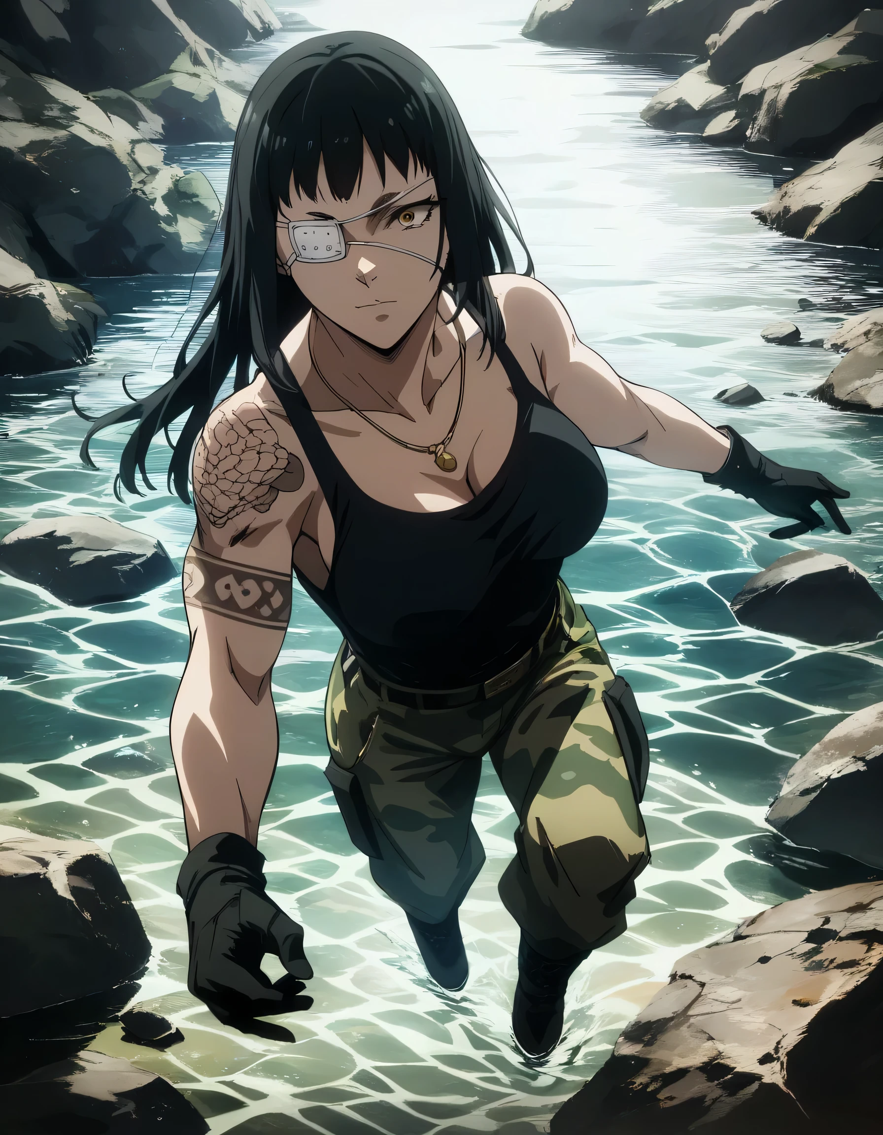 score_9, score_8_up, score_7_up,score_6_up,high resolution,source_anime,s0fiavalm3t,1girl,eyepatch,black hair,long hair,,water,rocks,volumetric lighting,rim lighting,dof,dramatic shadow,full body,dynamic pose,looking at viewer,pov,suspended in air, tattoos on shoulders,wearing military black tank top,camouflage camo trousers,black boots,black open gloves,necklace 