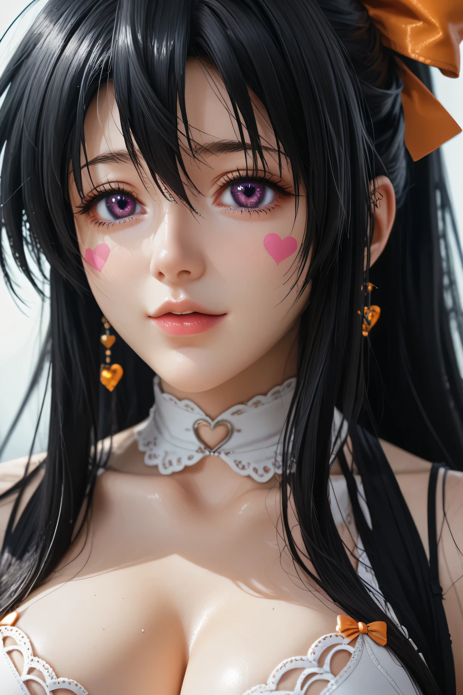 ( masterpiece , mejor calidad), 1 girl,2d, beautiful face,( long black hair ),( black hair)( black hair largo),( purple eyes),pesones with cold , HIGH QUALITY,ultra detailed ,himejima_akeno, collect,  long hair, orange ribbon in the hair, big breasts , heart shaped lingerie self adhesive stickers..