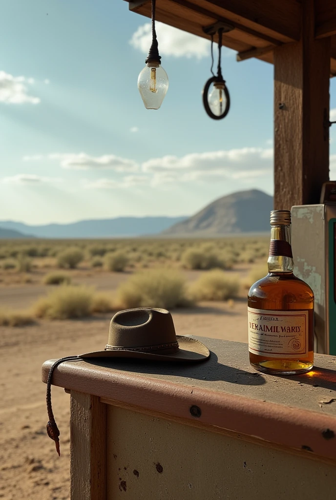 old gas station on the counter there is a cowboy hat, a bottle of whiskey,