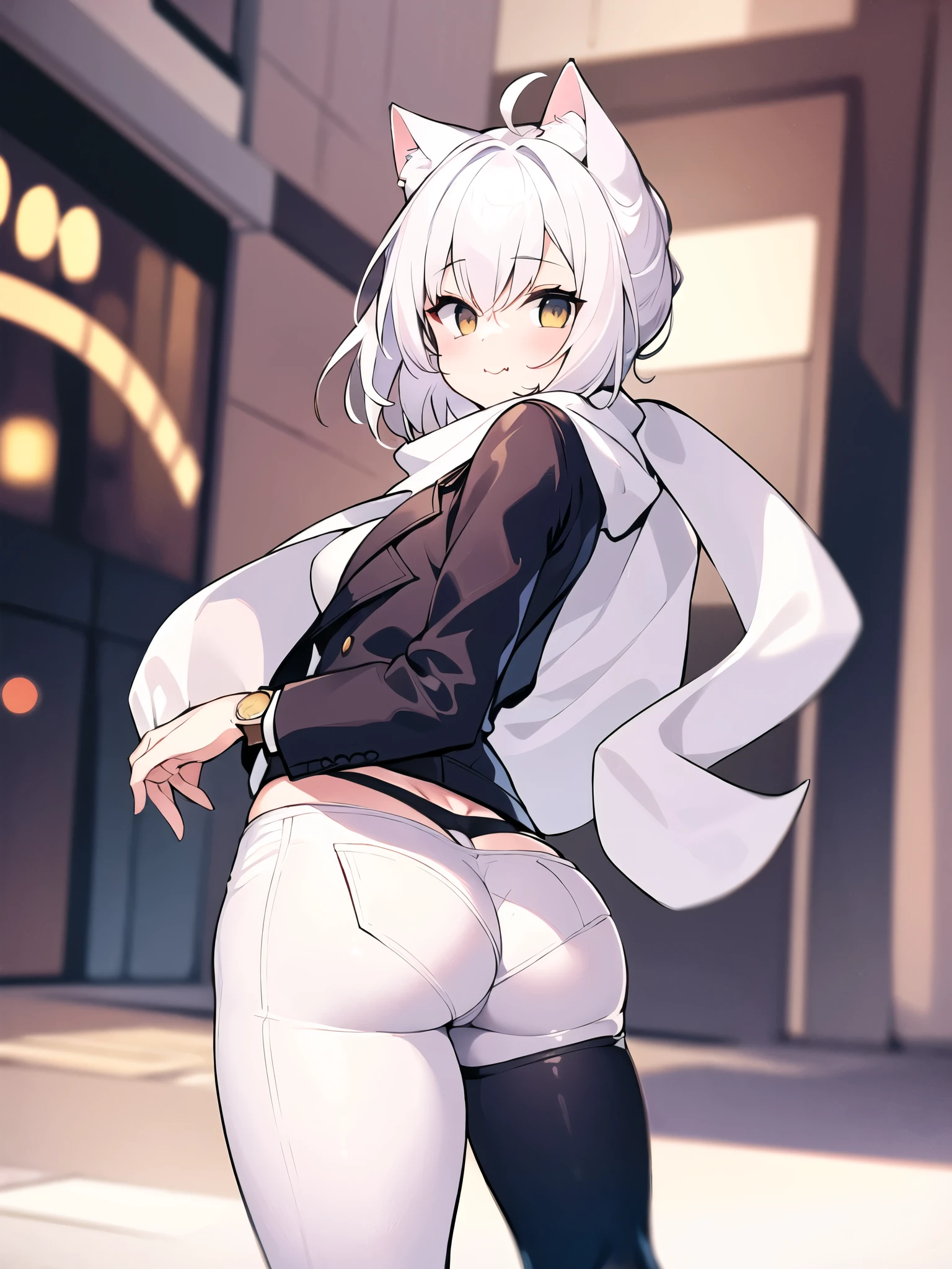 A girl with silver hair in a ponytail、girl with golden eyes、short girl、cute face、smiling、shy、beautiful skin、big breasts、has cat-like ears、has a tail like a cat、She is wearing a short, sleeveless, tight knit dresiniskirt with visible buttocks、not wearing panties、Panties are in hand、I can see your butthole、view from behind、A lot of sticky honey dripping from her asshole、She's showing off her ass、Crouching in the middle of a crowd in the city、There's a puddle of honey at my feet、Describe the ground beneath your feet