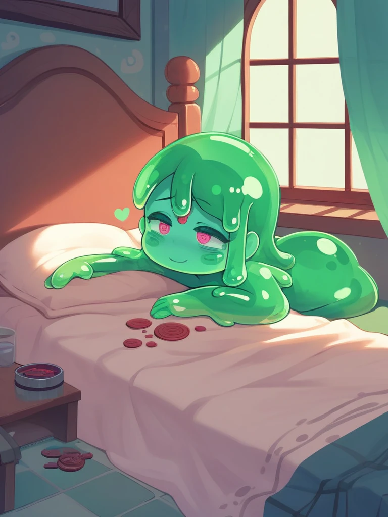 score_9, score_8_up, score_7_up, score_6_up, score_5_up, score_4_up, source_anime, 1girl, slime girl, red skin, smart attire, round eyeglasses, mature, wavy hair, ringlets, solo, slimegirlnsfw, indoors,nude, melting, depth of field, LUT, medium close shot, detailed, beautiful,full body ,half of body melting,