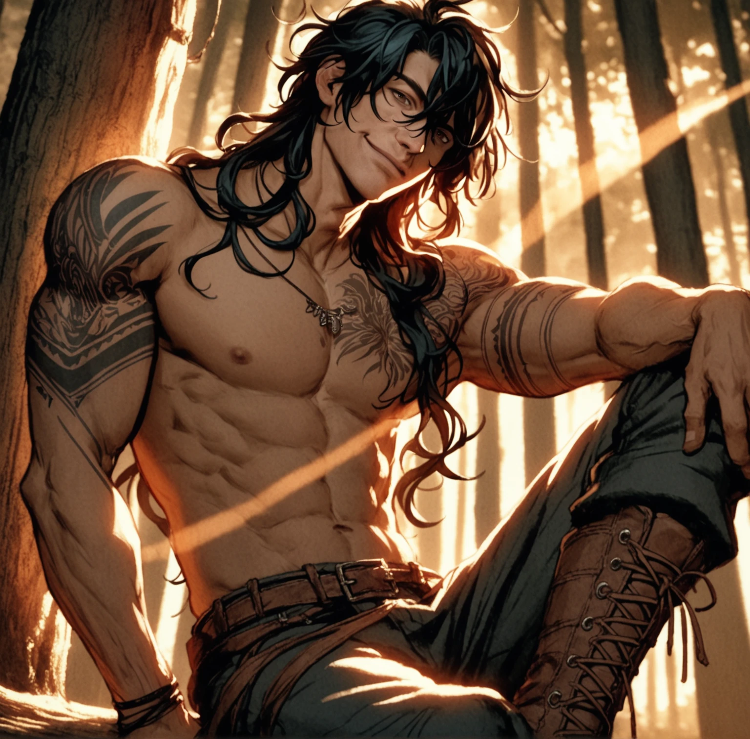 1boy, male, masculine, shaggy black hair, brown eyes, black jeans, light muscles, tan skin, tattoos, shwoing abdomen, prominent v-line, smirk, sitting against tree, detailed background, hazy, warm hues, cinematic lighting, gorgeous , male, necklaces, rings, upper body, High Resolution, forest, shirtless, combat boots, younger, 20-26 years old