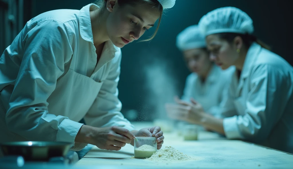 An extreme close-up focuses on the delicate hands of a female worker as she carefully scoops flour from a small pile into a vial, her fingers dusted in white powder. The edge of a stainless steel scale glints faintly under the blue-tinted overhead lighting. The faint sound of rustling materials and distant heels echoes in the background.

The blurred backdrop reveals other workers along the same table, similarly dressed in lace bras and panties, busy at work. The scene captures the tension and focus of the task while maintaining the cinematic atmosphere of the vault room.