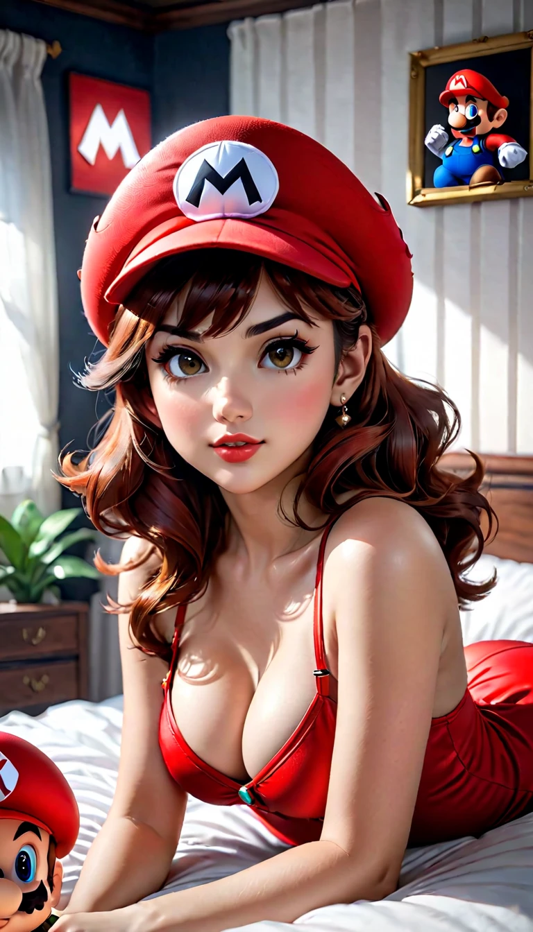 a woman with super Mario hat, wearing a super Mario costume, cute pose, detailed face, detailed body, red panty, detailed outfit (reality: 1.4), (A hyper-realistic), (high resolution), (8K), (highly detailed), ( Best Illustration), (detailed eyes), (ultra-detailliert), Bright lighting, Professional Lighting, scary face.