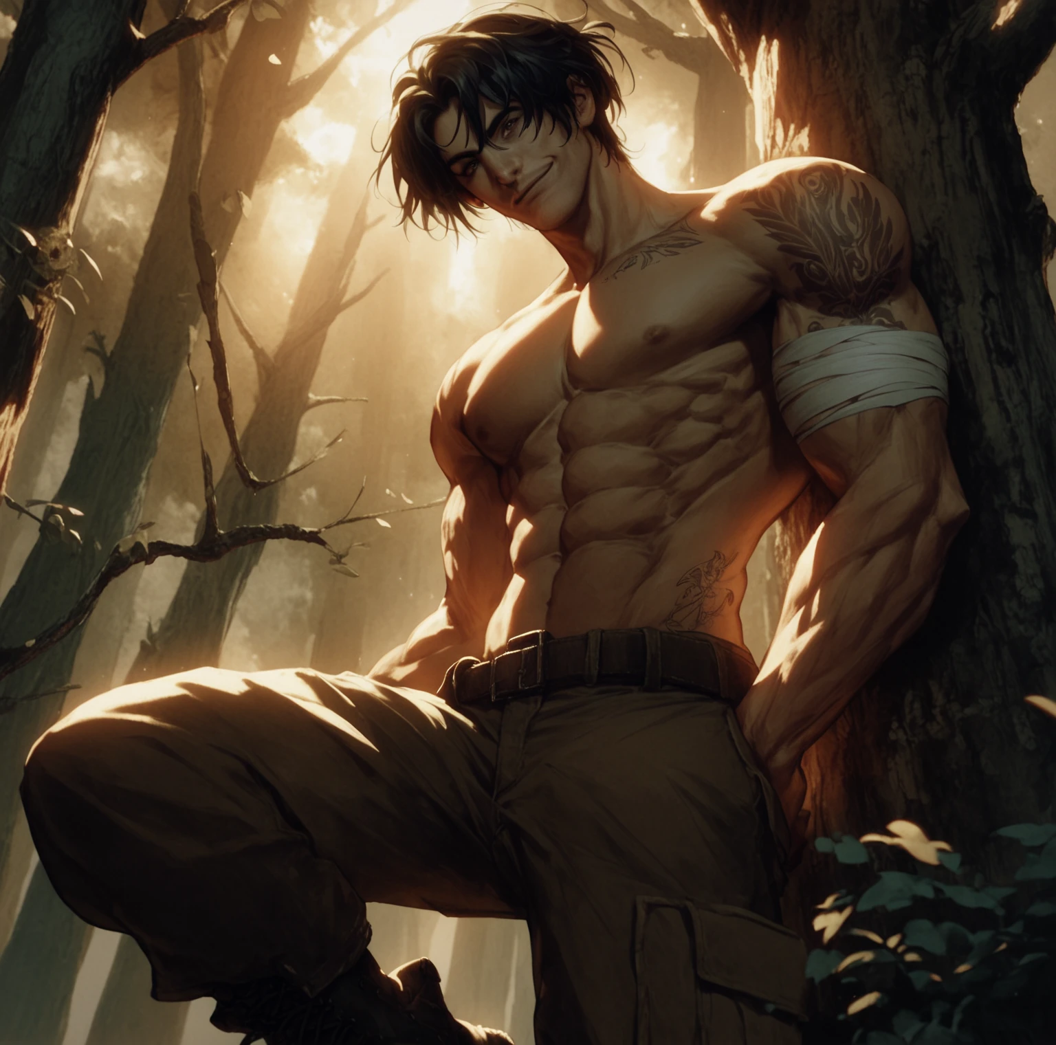 1boy, male, masculine, shaggy black hair, brown eyes, black jeans, light muscles, tan skin, tattoos, shwoing abdomen, prominent v-line, smirk, sitting against tree, detailed background, hazy, warm hues, cinematic lighting, gorgeous , male, necklaces, rings, upper body, High Resolution, forest, shirtless, combat boots, younger, 20-26 years old