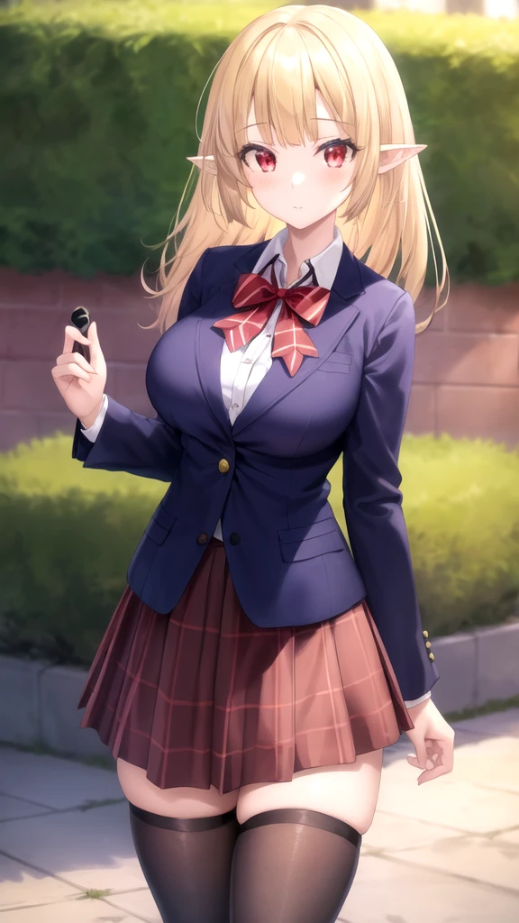 masterpiece, best quality, high quality, girl, solo, looking at viewer, gasper_vladi, pointy ears, blonde hair, red eyes, large breasts, red bow, striped bow, blazer, blue jacket, long sleeves, plaid skirt, Brown skirt, black thighhighs, outdoors, cowboy shot, standing, looking at viewer,