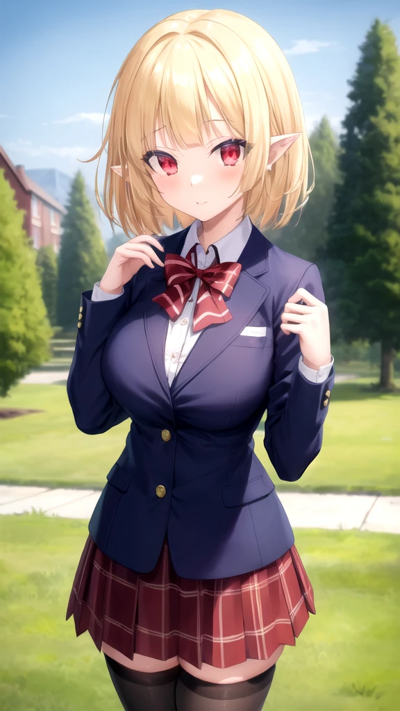 masterpiece, best quality, high quality, girl, solo, looking at viewer, gasper_vladi, pointy ears, blonde hair, red eyes, large breasts, red bow, striped bow, blazer, blue jacket, long sleeves, plaid skirt, Brown skirt, black thighhighs, outdoors, cowboy shot, standing, looking at viewer,