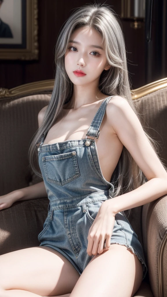 One girl, seen from the thighs up、Real17歳女性、cute、((Small breasts))、(((Long white hair)))、((Completely naked))、((One nipple,completely naked no clo薄いgs under overalls:1.2)） And a very slim figure,,,,,、Very thin leganicules、Earrings、Pink Lip、choker、Real、Sexual、Highest quality、Detailed face、Detailed Background、Depth of written boundary、whole body viewing angle、Watching the audience、(The body is facing sideways)、Sexual、alone、night,Highest quality、High resolution、超High resolution（Real：1.4）Detailed eyes、Gradation、Perfect anatomical figure、Woman with perfect body、Highly detailed skin、非常にDetailed face、Beautiful eyes in every detail、Background Blur