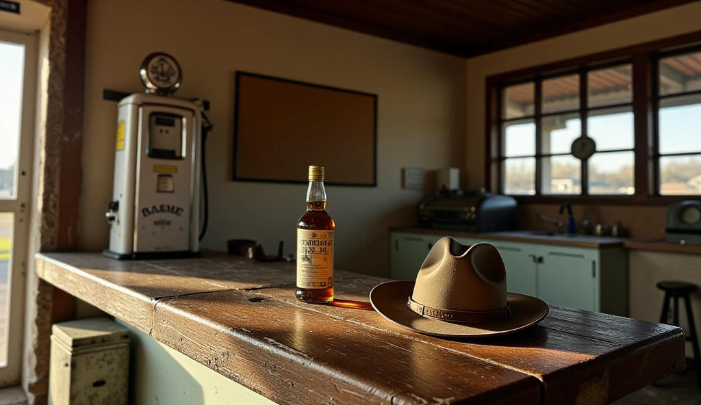 old gas station on the counter there is a cowboy hat, a bottle of whiskey, next to the wall there is an empty cork board