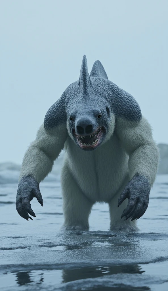 Create a hyper-realistic, 16k resolution image in the style of Unreal Engine, depicting a muscular hybrid creature that combines a polar bear and a shark, with a strong emphasis on shark-like features in its head. The creature has the muscular build and partially white fur of a polar bear, but its head is distinctly shark-like, with a sleek, streamlined shape, a broad snout, and rows of sharp, serrated teeth. Its skin transitions into a dark gray, with gill slits on its neck, blending smoothly with patches of lighter fur across its body. A prominent dorsal fin rises from its back, and its eyes reflect a predatory intensity. The hybrid is walking toward the camera on a surface of broken ice and shallow seawater, set against a dramatic arctic backdrop. The lighting emphasizes the creature’s striking blend of fur and shark-like skin, creating an imposing and otherworldly presence.
