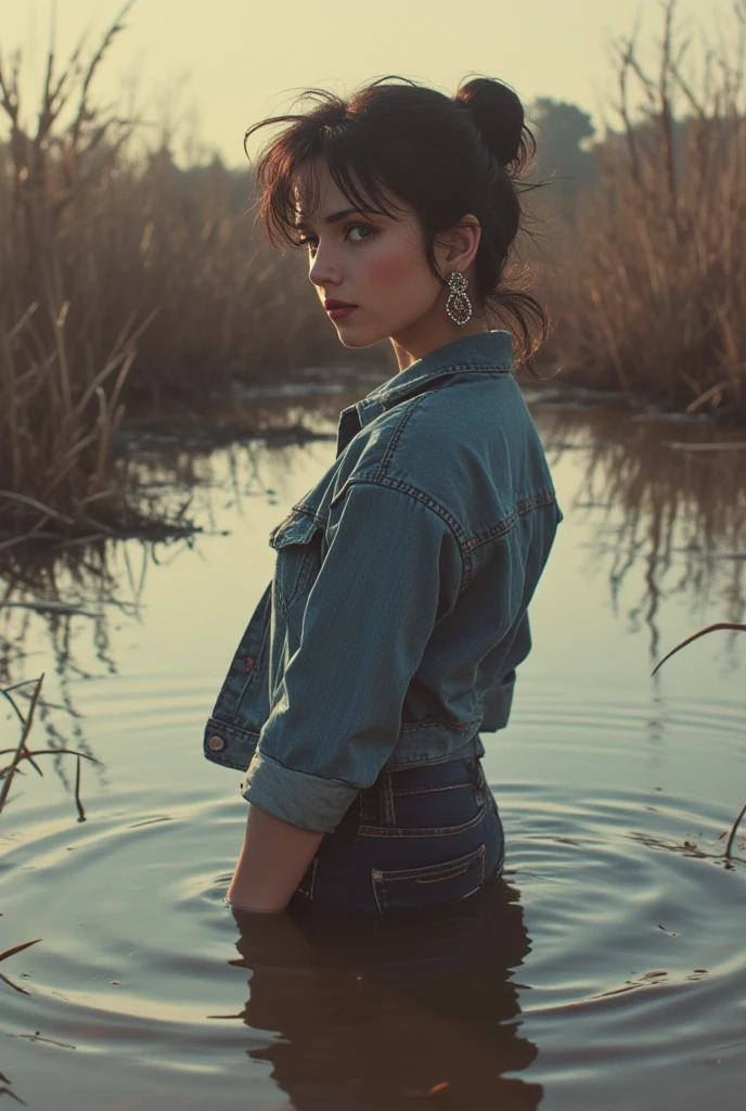 simple vintage, diva , jeans, denim jacket , turns back posing view, sinking in a sludge swamp,  artistic posing , 