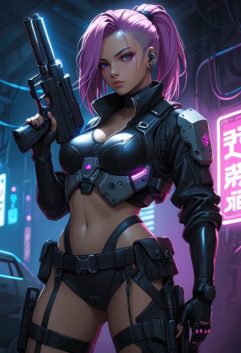 A rebellious digital painting of Jinx, the gunslinger originating from the game League of Legends, standing defiantly, clutching her signature weapons, gears of destruction in hand, fire in her eyes, her features clear as if directly illuminated by battlefield lights. Behind her, an infusion of urban chaos and anarchic energy spreads outwards, echoing her unpredictable essence. Elements of stark contrast, high intensity color palette reflecting the unleashed turmoil. Portray her not just as a character, but as --auto --s2