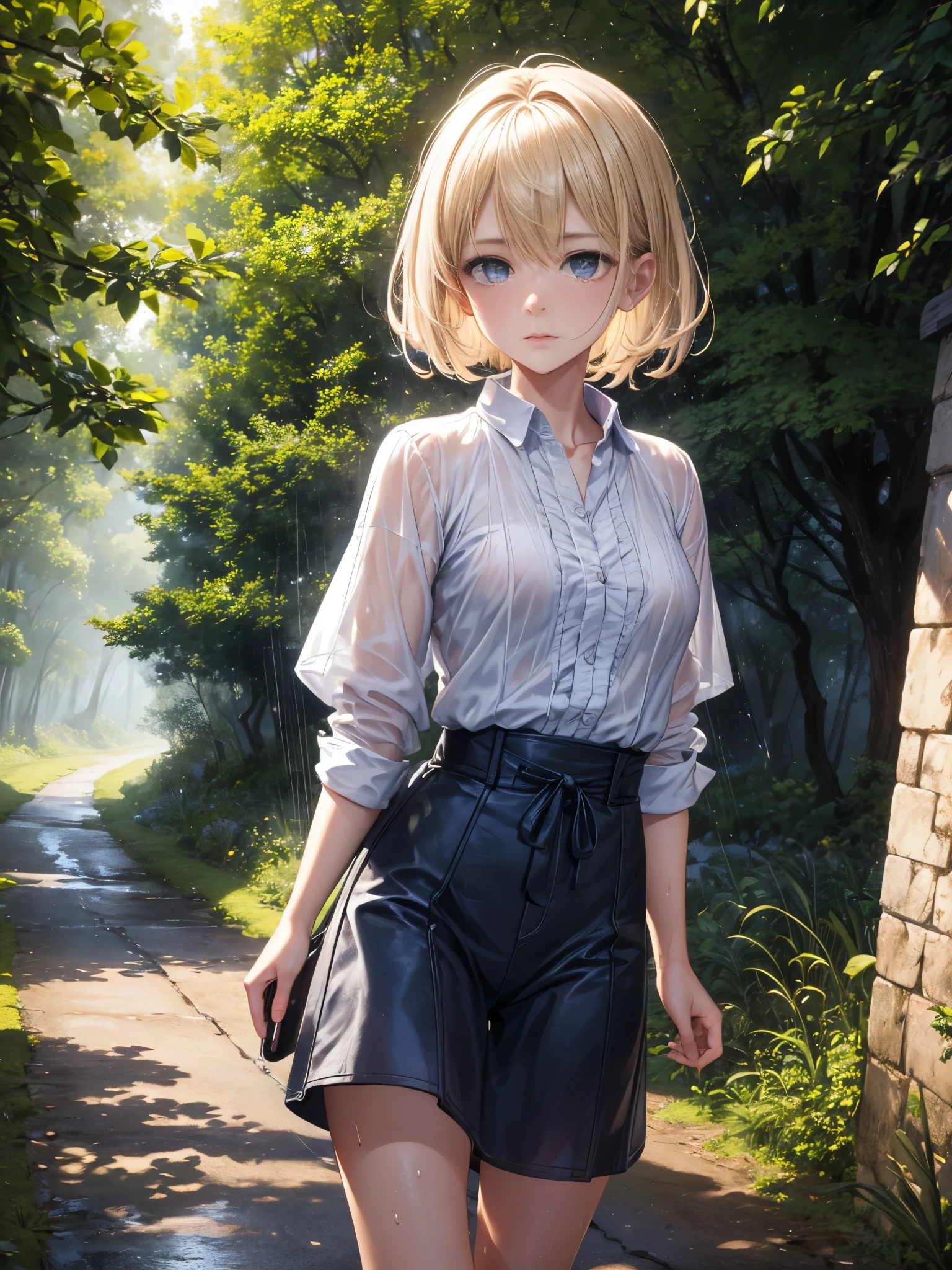 Masterpiece, a half body shot of a beautiful european Danish girl crying in a countryside road, rainy, trees around the road, walking, wet shirt, soaked clothes, wet hair, short pixie hair, light blond hair, blue eyes, runners skinny body, pale skin, ((small perky breasts, exposed breatsts)), 16K, ultra high resolution photorealistic, UHD, RAW, DSLR, sharp focus, natural lighting