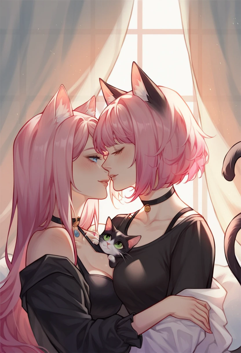 Duo, score_9,score_8_up,score_7_up, score_6_up, score_5_up,source_anime, Kat, Anthro furry feline, silver fur, grey stripes on body, blue eyes, long red hair, undercut hair, one side of hair shaved, pink nose, :3, wearing very sexy hot black leather sleeveless cuirass, very sexy hot black leather gauntlets, very sexy hot leather straps, pouring, adjusting her gloves, standing side by side with her twin, standing next to another girl, they are looking at each other, kissing