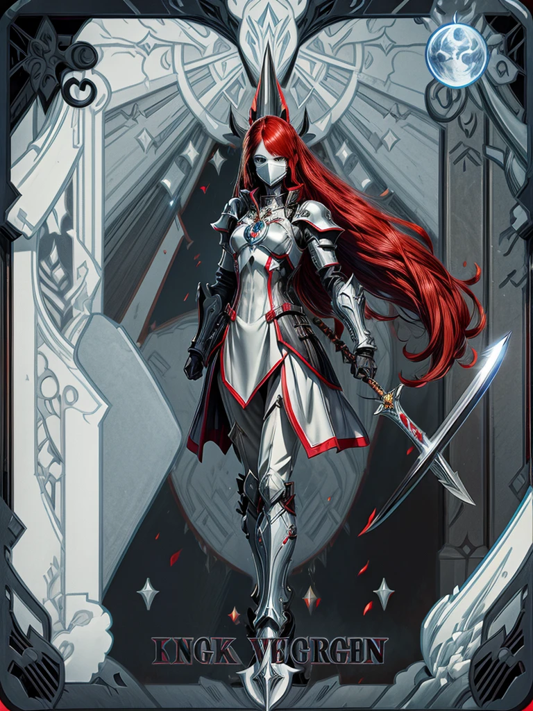 Neo Knight female long red hair  ,Totally black iron mask and sword and shield with moonlight in the background.                                                                    
 (Put the name NEO in the image)