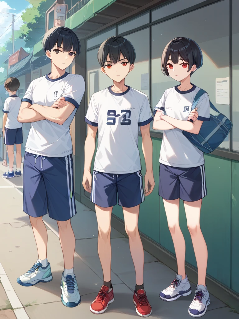 
boy、male 、very short hair、bowl cut hair、black hair、straight hair、lively、red eyes、black eyes black、slender、many boys、many girls、standing、t-shirt、Patterned diapers、sneakers、gym uniform、panorama、