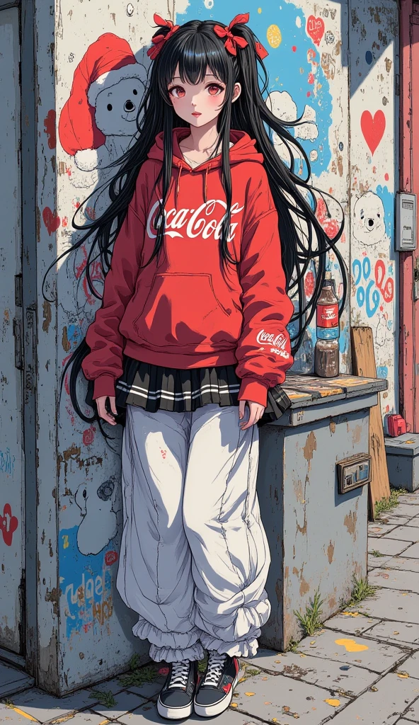  A beautiful young Korean woman .
long black hair to the feet,  red ribbons .
 honey-colored eyes , expressive, obfuscating, bioluminescentes. 
 Full and voluminous lips in red color . 
 Red sweatshirt with the logo of  "coca-cola".
Short black lace skirt , sexy, fluttering. 
 Blue and white cotton panties .
 Semi-transparent white knee-length pants .
 Lolita style black shoe , bright, with bow .
 long thin legs , sexy.
Ao fundo uma parede com um grafite de um urso polar com gorro do papai noel bebendo uma garrafa de coca-cola. 
 full body. 
 seen from bottom to top.