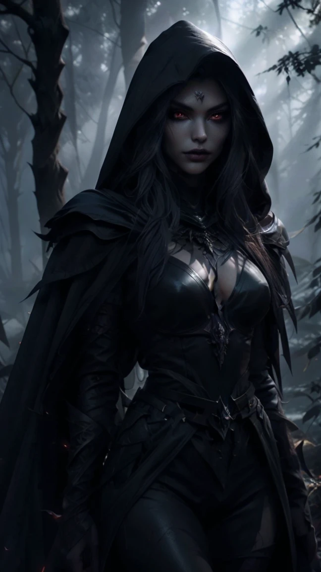 Highly detailed, realistic, cinematic. A stunningly beautiful and sultry female Drow with soft yet angular features, exuding danger and allure. Her gray skin glows faintly under the dark forest's dim light, accented by piercing glowing red eyes and dark lipstick. She wears a revealing dark leather armor with intricate details, a hooded cape draped elegantly over her shoulders, and a belt cinching her slender waist. Her long, flowing hair cascades from under the hood, framing her sharp, ethereal features. She stands in a dark forest, with large, vibrant leaves and eerie shadows adding to the mysterious atmosphere. The background is textured with a mix of glowing embers and subtle fire-like hues, enhancing the dangerous ambiance. Rendered in 8K quality, capturing every texture, perfect anatomy, and dramatic lighting.