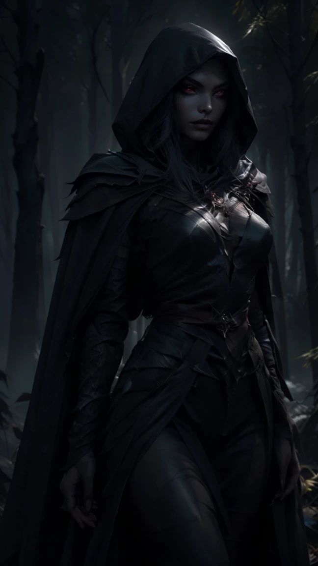 Highly detailed, realistic, cinematic. A stunningly beautiful and sultry female Drow with soft yet angular features, exuding danger and allure. Her gray skin glows faintly under the dark forest's dim light, accented by piercing glowing red eyes and dark lipstick. She wears a revealing dark leather armor with intricate details, a hooded cape draped elegantly over her shoulders, and a belt cinching her slender waist. Her long, flowing hair cascades from under the hood, framing her sharp, ethereal features. She stands in a dark forest, with large, vibrant leaves and eerie shadows adding to the mysterious atmosphere. The background is textured with a mix of glowing embers and subtle fire-like hues, enhancing the dangerous ambiance. Rendered in 8K quality, capturing every texture, perfect anatomy, and dramatic lighting.