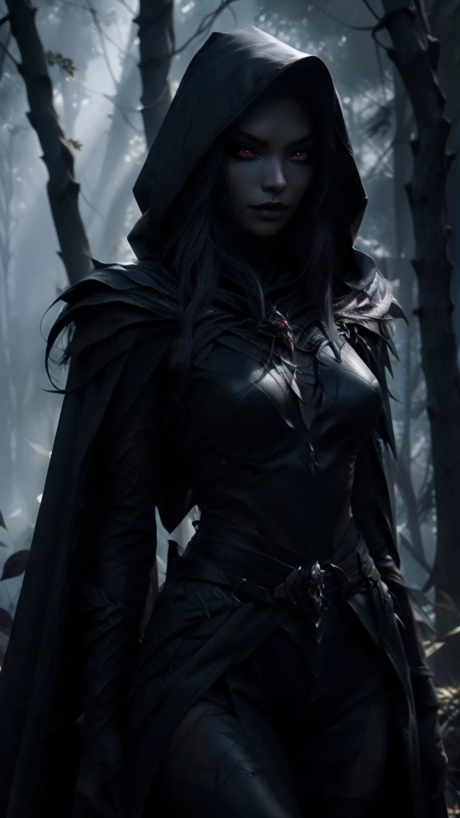 Dark fantasy woman necromancer, with deep v dress. Comic strip merges Mindbug flair with Dune aesthetic, Moebius draw, watercolor technique, foreground focus, desolate forest backdrop, futuristically functional attire, advanced survival technologies, mix fantasy + sci-fi, beauty in harsh world, captured in watercolor strokes, thrive, natural light, highly detailed, digital painting.