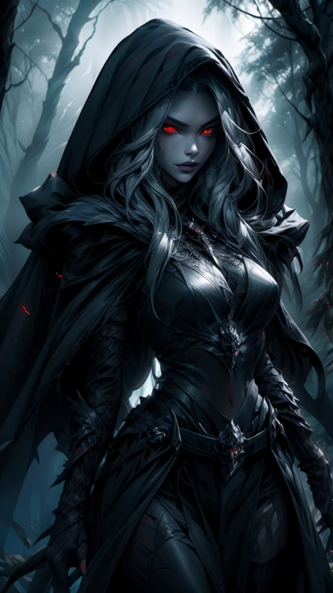 Highly detailed, realistic, cinematic. A stunningly beautiful and sultry female Drow with soft yet angular features, exuding danger and allure. Her gray skin glows faintly under the dark forest's dim light, accented by piercing glowing red eyes and dark lipstick. She wears a revealing dark leather armor with intricate details, a hooded cape draped elegantly over her shoulders, and a belt cinching her slender waist. Her long, flowing hair cascades from under the hood, framing her sharp, ethereal features. She stands in a dark forest, with large, vibrant leaves and eerie shadows adding to the mysterious atmosphere. The background is textured with a mix of glowing embers and subtle fire-like hues, enhancing the dangerous ambiance. Rendered in 8K quality, capturing every texture, perfect anatomy, and dramatic lighting.