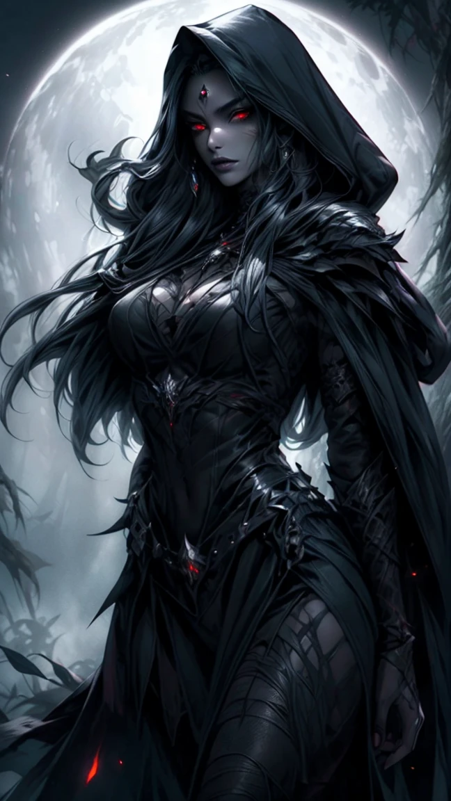 Highly detailed, realistic, cinematic. A stunningly beautiful and sultry female Drow with soft yet angular features, exuding danger and allure. Her gray skin glows faintly under the dark forest's dim light, accented by piercing glowing red eyes and dark lipstick. She wears a revealing dark leather armor with intricate details, a hooded cape draped elegantly over her shoulders, and a belt cinching her slender waist. Her long, flowing hair cascades from under the hood, framing her sharp, ethereal features. She stands in a dark forest, with large, vibrant leaves and eerie shadows adding to the mysterious atmosphere. The background is textured with a mix of glowing embers and subtle fire-like hues, enhancing the dangerous ambiance. Rendered in 8K quality, capturing every texture, perfect anatomy, and dramatic lighting.