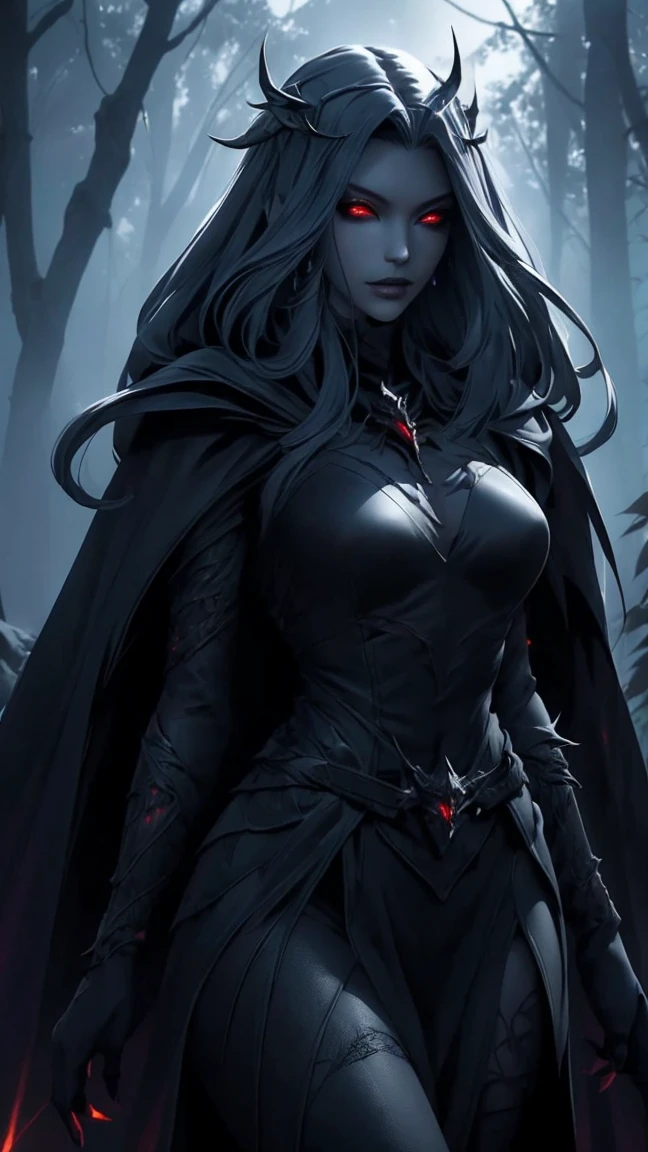 Highly detailed, realistic, cinematic. A stunningly beautiful and sultry female Drow with soft yet angular features, exuding danger and allure. Her gray skin glows faintly under the dark forest's dim light, accented by piercing glowing red eyes and dark lipstick. She wears a revealing dark leather armor with intricate details, a hooded cape draped elegantly over her shoulders, and a belt cinching her slender waist. Her long, flowing hair cascades from under the hood, framing her sharp, ethereal features. She stands in a dark forest, with large, vibrant leaves and eerie shadows adding to the mysterious atmosphere. The background is textured with a mix of glowing embers and subtle fire-like hues, enhancing the dangerous ambiance. Rendered in 8K quality, capturing every texture, perfect anatomy, and dramatic lighting.