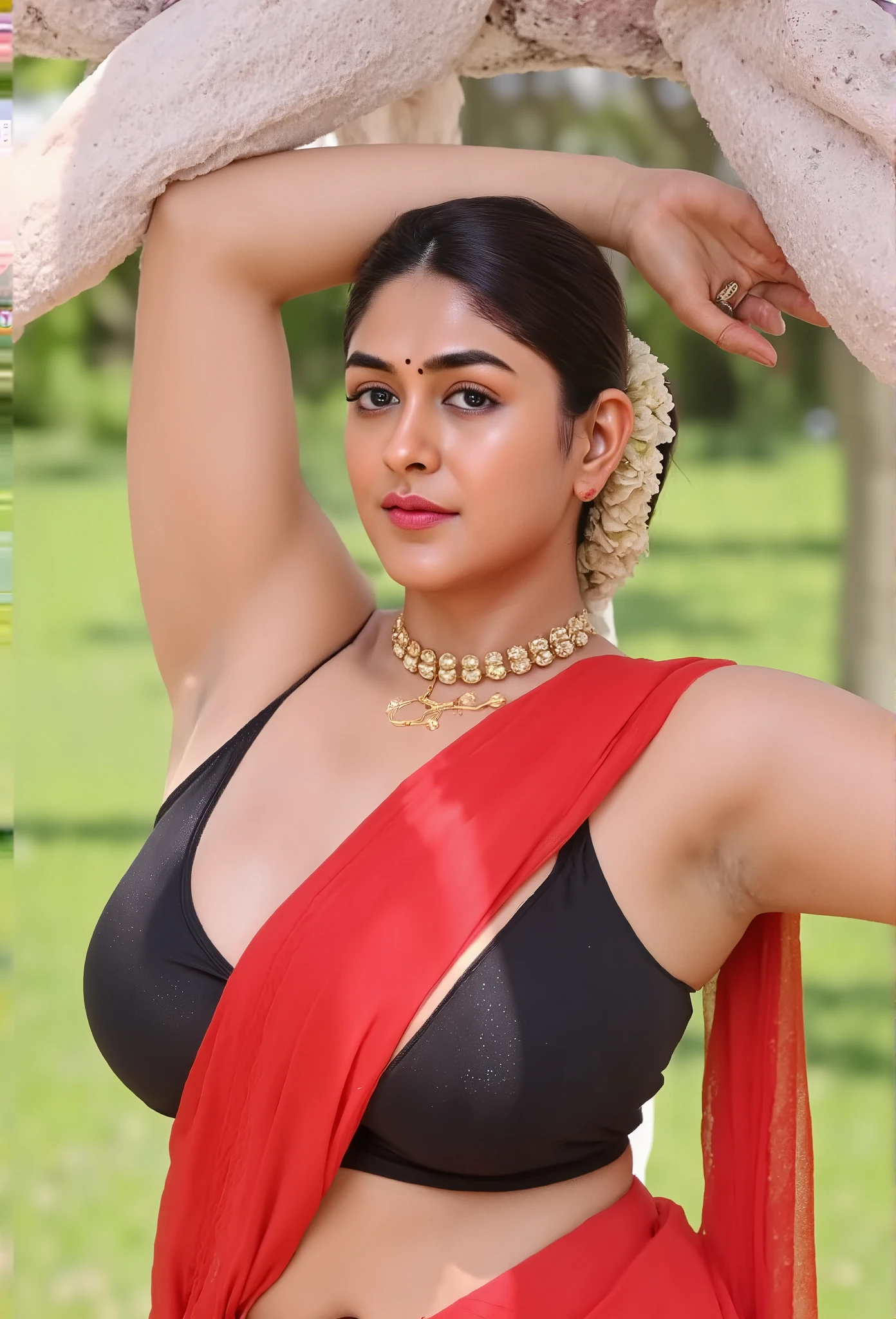 Indian beautiful woman sexy alluring face bhabhi, Mouth slightly open,Kajal in eyes, heavy mascara,Giving sexy look to viewer's,big long earrings,(( Wearing sleeveless bikini blouse)),Medium size mole on breast and armpits,Both hand's stretched up above the head showing dark hairy stubble armpits,Sindoor Vermilion in hairs,middle parting ornament in hairs,Golden long necklace, Strapless tube blouse, linen tube bra, very deep cleavage,curvy plus size model wearing transparent Dark Red glossy transparent color saree,red nail polish, Dark Red satin glossy sleeveless bikini blouse, plenty red bangles in hand,red dark medium bindi on fore head,Red dark lipstick, heavy bridal makeup, showing navel and midriff,facing to camera in Squat posture, Wearing black High heels sandals,curvy legs,curvy plus size figure,big large m-cup breasts, deep cleavage, huge breasts, side bun hairstyle, bright eyes, thin eyebrows, fair skin, blushing cheeks, prefect ,head to thighs view, head to thigh view, bright sunlight,oily sweaty shiny detailed skin. Arms up, sexy armpit show, 