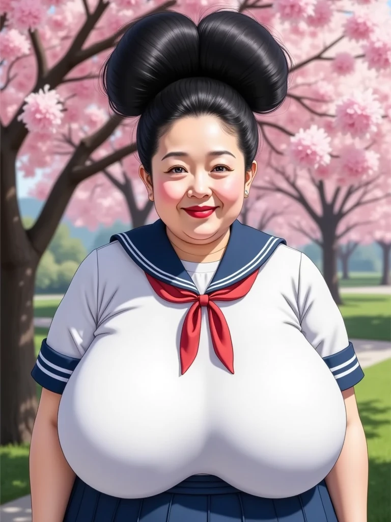 8k,Highest quality, masterpiece, Ultra-high resolution,(masterpiece:1.6, Highest quality), Intricate details, 1 female, Middle-aged woman in her 50s, japanese, full body, top of head,((A gigantic hair bun, A huge hair bun:1.5)), ((jet Black Hair)) ,((forehead:1.5)), ((extremely obese, Fat face, round face, Saggy face, crow's feet wrinkies:1.2)), ((huge breasts, gigantic breasts:1.5)), ((super Saggy breasts:1.5)), ((pale skin, shiny skin,make up, red lips)),((Mature woman with ridiculously huge hairbun, white sailor suit, navy blue skirt with shirasu, under a cherry tree :1.5))