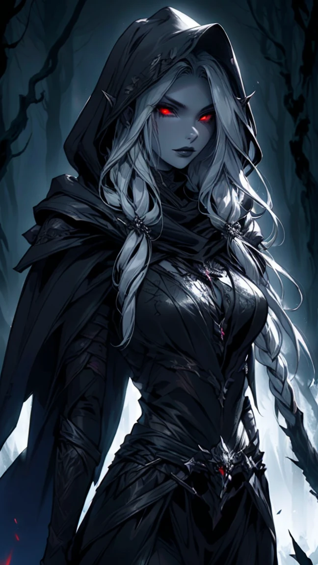 Highly detailed, realistic, cinematic. A stunningly beautiful and sultry female Drow with soft yet angular features, exuding danger and allure. Her gray skin glows faintly under the dark forest's dim light, accented by piercing glowing red eyes and dark lipstick. She wears a revealing dark leather armor with intricate details, a hooded cape draped elegantly over her shoulders, and a belt cinching her slender waist. Her long, flowing hair cascades from under the hood, framing her sharp, ethereal features. She stands in a dark forest, with large, vibrant leaves and eerie shadows adding to the mysterious atmosphere. The background is textured with a mix of glowing embers and subtle fire-like hues, enhancing the dangerous ambiance. Rendered in 8K quality, capturing every texture, perfect anatomy, and dramatic lighting.