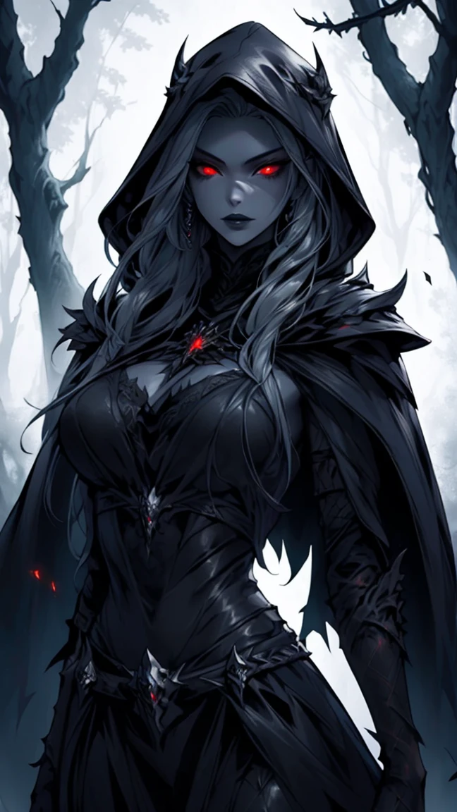 Highly detailed, realistic, cinematic. A stunningly beautiful and sultry female Drow with soft yet angular features, exuding danger and allure. Her gray skin glows faintly under the dark forest's dim light, accented by piercing glowing red eyes and dark lipstick. She wears a revealing dark leather armor with intricate details, a hooded cape draped elegantly over her shoulders, and a belt cinching her slender waist. Her long, flowing hair cascades from under the hood, framing her sharp, ethereal features. She stands in a dark forest, with large, vibrant leaves and eerie shadows adding to the mysterious atmosphere. The background is textured with a mix of glowing embers and subtle fire-like hues, enhancing the dangerous ambiance. Rendered in 8K quality, capturing every texture, perfect anatomy, and dramatic lighting.