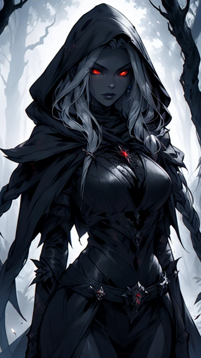 Highly detailed, realistic, cinematic. A stunningly beautiful and sultry female Drow with soft yet angular features, exuding danger and allure. Her gray skin glows faintly under the dark forest's dim light, accented by piercing glowing red eyes and dark lipstick. She wears a revealing dark leather armor with intricate details, a hooded cape draped elegantly over her shoulders, and a belt cinching her slender waist. Her long, flowing hair cascades from under the hood, framing her sharp, ethereal features. She stands in a dark forest, with large, vibrant leaves and eerie shadows adding to the mysterious atmosphere. The background is textured with a mix of glowing embers and subtle fire-like hues, enhancing the dangerous ambiance. Rendered in 8K quality, capturing every texture, perfect anatomy, and dramatic lighting.