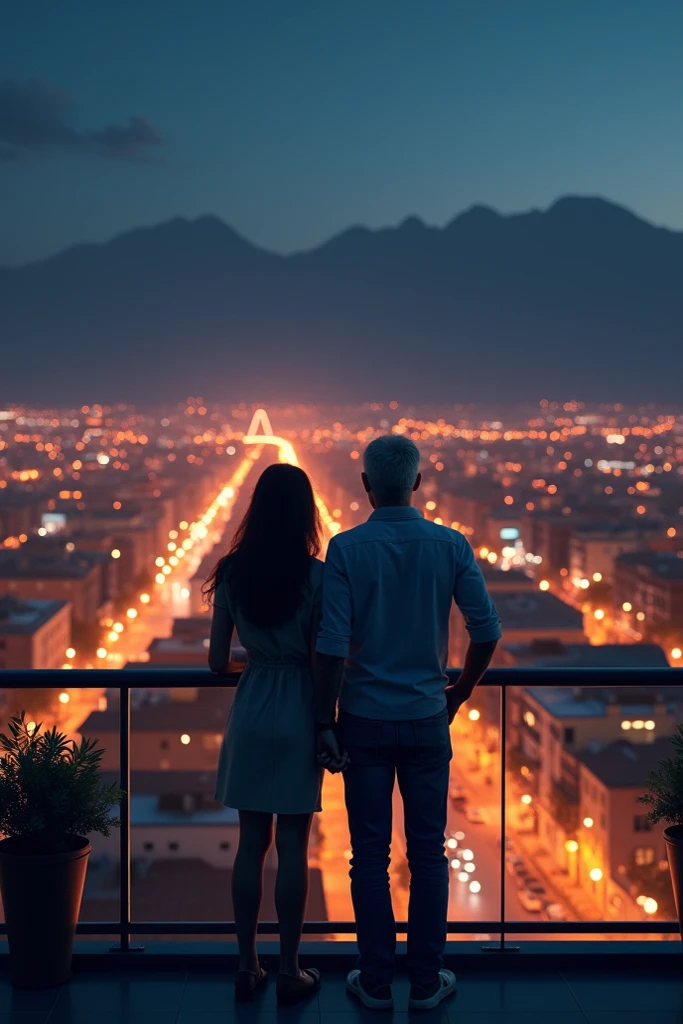 "masterpiece, best quality, Still photography, a futuristic city [cyberpunk], a city full of smoke from factories [moody looking], it is night and there is rain [rainy night], young girl and boy holding hands looking city from the roof [girl and boy holding hands]."