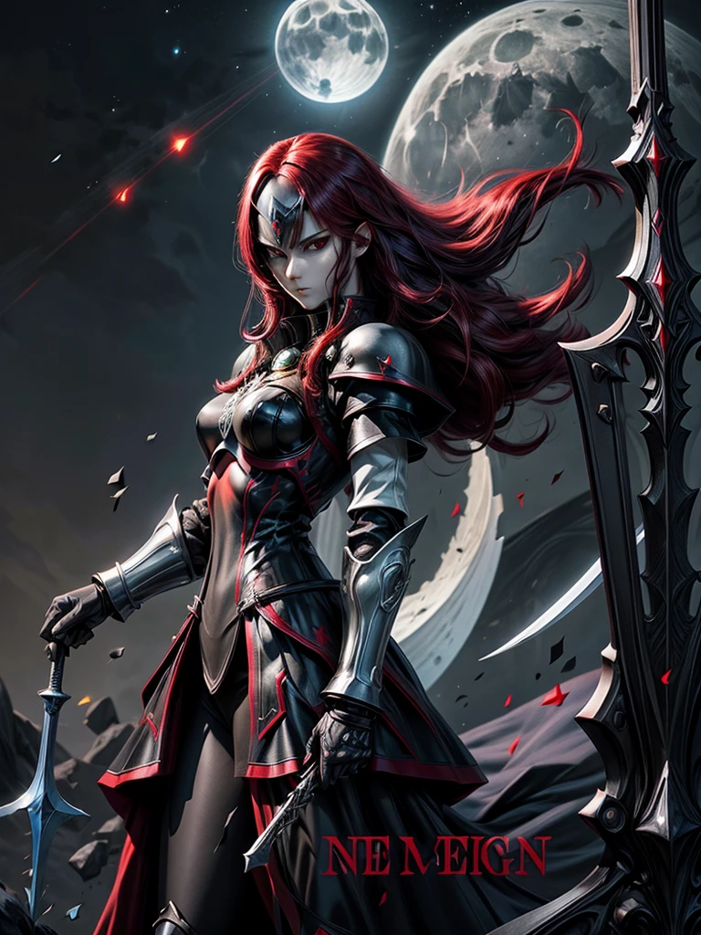 Neo black female black knight long red hair  , totally black wearing iron and sword mask and black shield with moonlight in the background.                                                                    
 (Put the name NEO in the image)