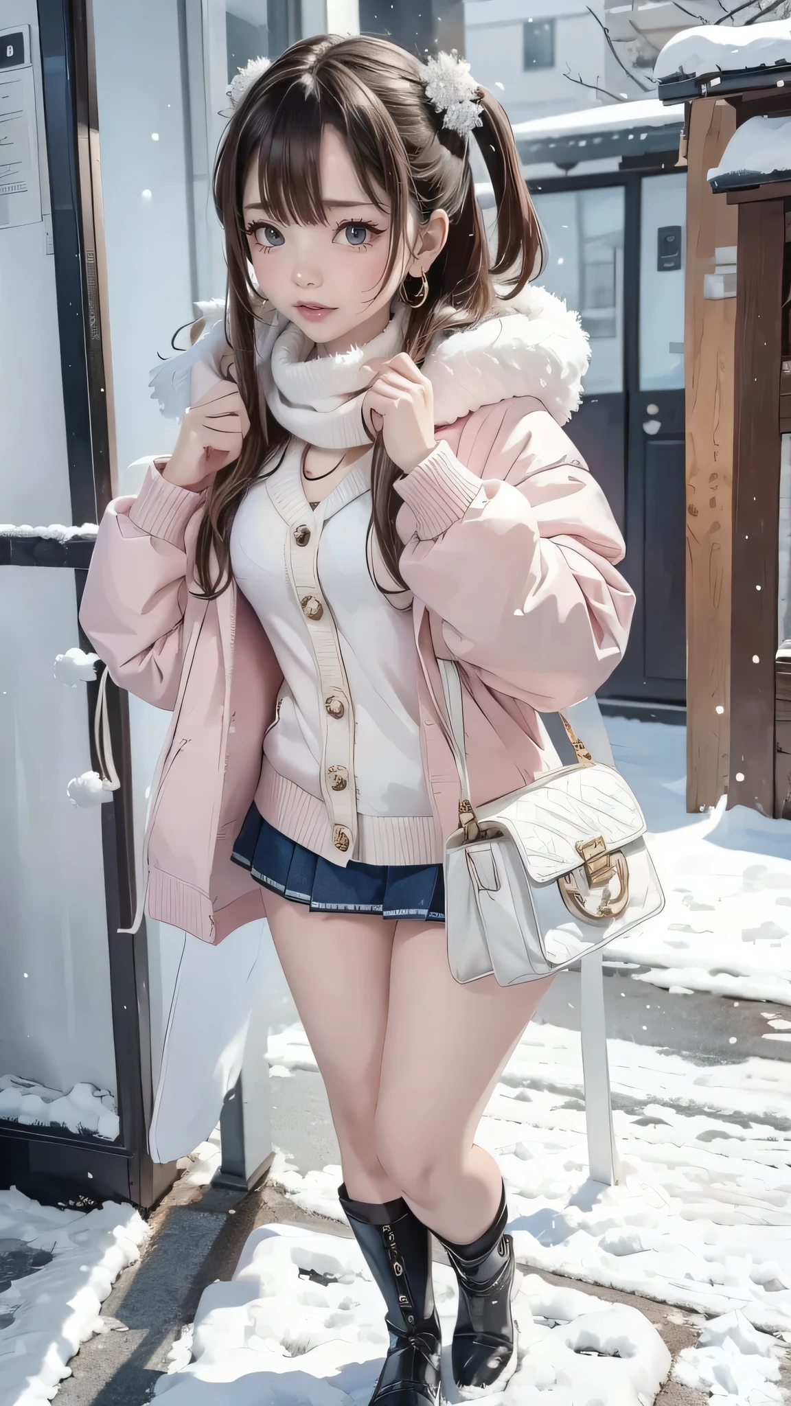 cold winter、in the falling snow、She is wearing a fluffy duffel coat.、walk the way to high school、She approached me and greeted me with a smile.