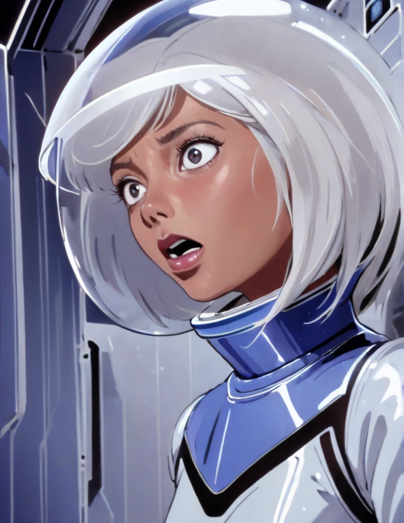 Tanned Woman with silver hair. She is wearing a skin-tight blue space suit with a retro clear dome Astronaut helmet. . She is running in a darkened red sci-fi factory corridor . She looks frightened and has her mouth open.