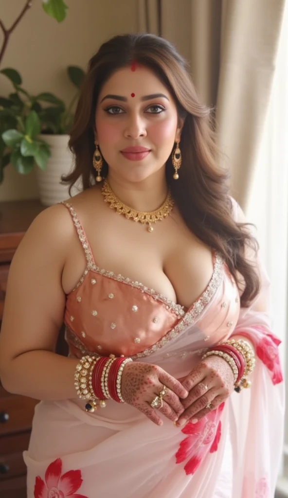 Indian beautiful woman sexy bhabhi, Copper colour strapless Sleeveless blouse,very deep cleavage,curvy plus size model wearing transparent white pink floral color saree ,Copper colour satin glossy strapless sleeveless blouse, plenty of red and white bangles in hand,bindi on fore head,facing to camera in standing in a bedroom  for honeymoon with a glass of milk,curvy plus size figure,big large m-cup breasts, deep cleavage, huge breasts, side bun hairstyle, bright eyes, thin eyebrows, fair skin, blushing cheeks, prefect ,head to thighs view, head to thigh view, bright sunlight,1girl, solo, flirt, seduce pose, pleasure expression, languid breathing,1girl, Solo, High Resolution, Long Hair, Breasts, Looking at viewer, Blush, Smile, High Resolution, Masterpiece, Accurate, Anatomically Correct, Award Winning, Best Quality, Detail, HD, High Details, High Quality, Quality, Retina, Super Detailed, Textured Skin, UHD, Long Hair, Breasts, Large breasts, Earrings, Blush, Smile, Blurry, Perfect hands,Sparkle, Depth Of Field, Motion Lines, Foreshortening, Lens Flare, Backlighting, Emphasis Lines, Motion Blur, Silhouette, Speed Lines, Bokeh, Film Grain, Drop Shadow, Diffraction Spikes, Bloom, Caustics, Vignetting, Scanlines, Overexposure, Optical Illusion, Chiaroscuro, Image Fill, Chromatic Aberration Abuse, Cinematic Lighting, God Rays, Glowing Light, Halftone, Abstract, Ukiyo-e, Minimalism, Impressionism, Minimalism, Illustration, Art Deco, 8K Octane, 3D Rendering, Abstractionism, Abstract Expressionism, American Propaganda Poster, Anime Style, Apocalypse, Art Nouveau, Baroque, Artistic, Baroque, Behance, Blind Box Toy Style, 