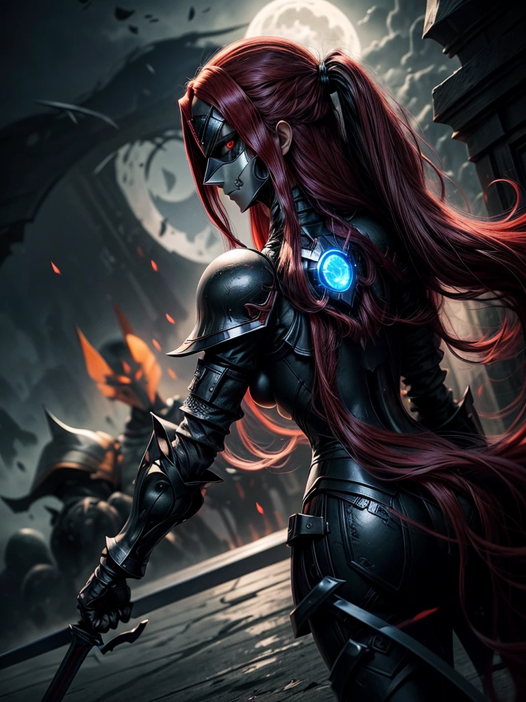 Neo Knight female long red hair  ,Totally black iron mask and sword and shield with moonlight in the background.                                                                    
 (Put the name NEO in the image)