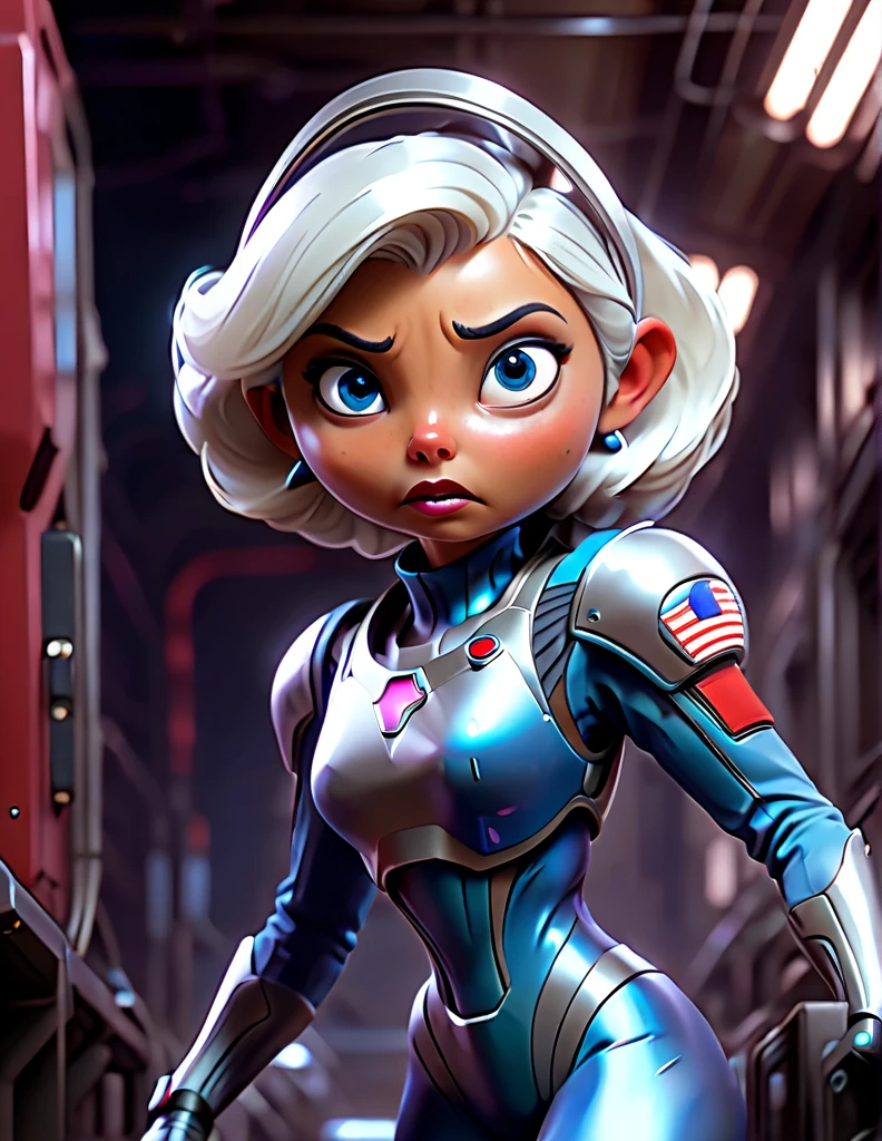 Tanned Woman with silver hair. She is wearing a skin-tight blue space suit with a retro clear dome Astronaut helmet. . She is running in a darkened red sci-fi factory corridor . She looks frightened and has her mouth open.